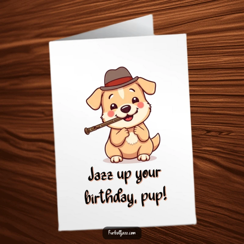 Funny Free Printable Birthday Card: Happy dog in a fedora playing clarinet, celebrating with music, gift.