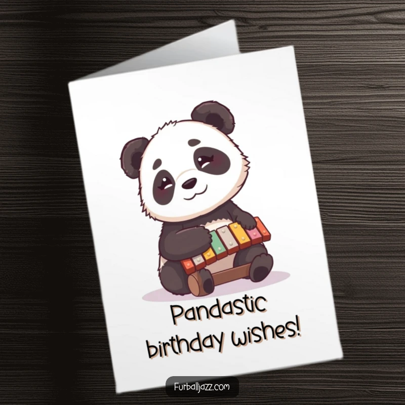 Funny Free Printable Birthday Card: A curious panda happily playing a xylophone with a thoughtful expression, gift.