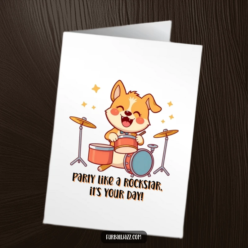 Funny Free Printable Birthday Card: Dog energetically playing drums with sticks flying, pure birthday rock and roll joy.