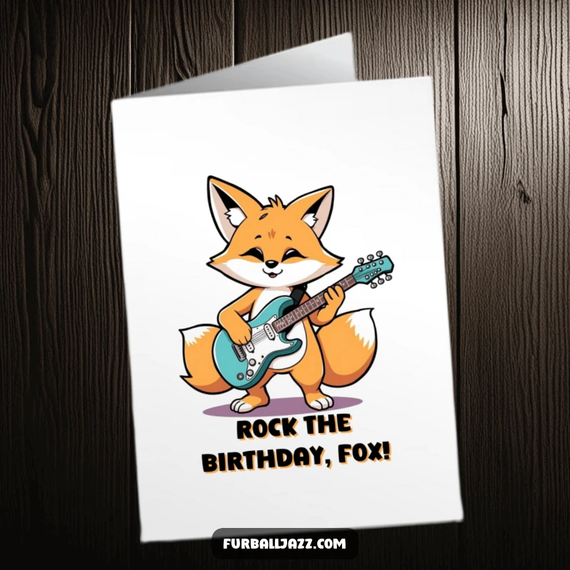 Funny Free Printable Birthday Card: A cool fox character grooves while playing a rocking electric guitar, ready to party.