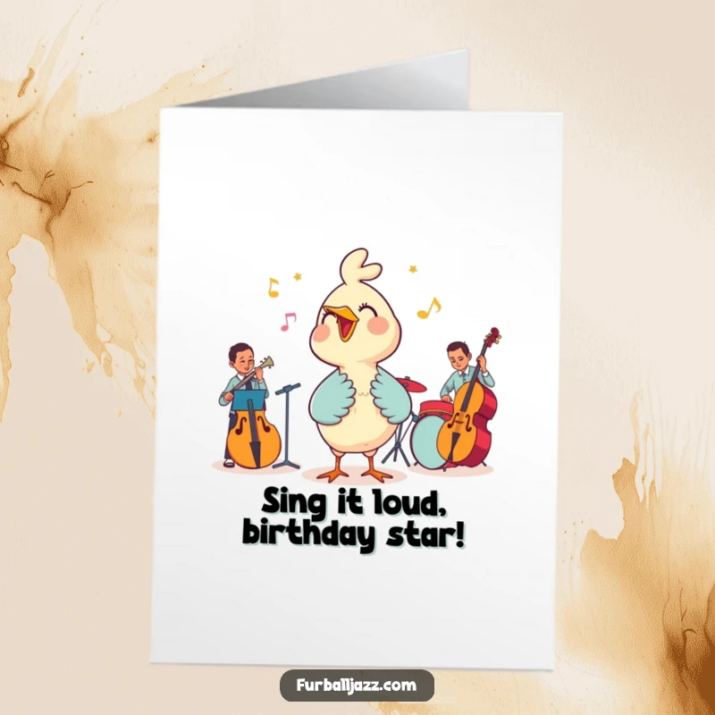 Funny Free Printable Birthday Card: A smiling bird joyfully sings lead vocals with a lively jazz band ensemble.