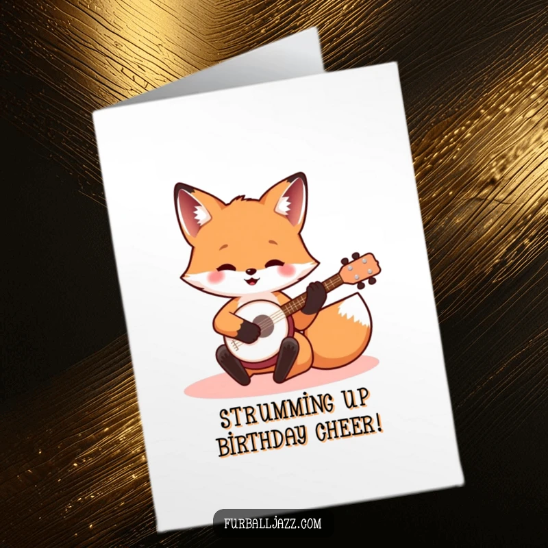 Funny Free Printable Birthday Card featuring a cheerful fox strumming a tiny banjo with musical notes floating around.
