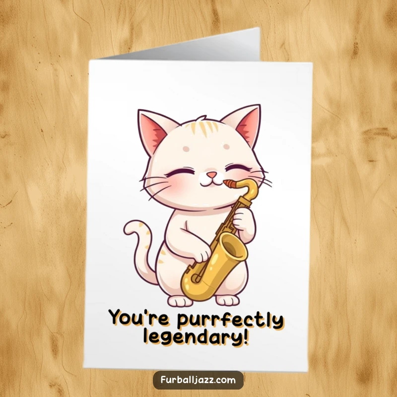 Funny free printable birthday card of a cool cat with closed eyes, joyfully playing a saxophone, celebrating in style.