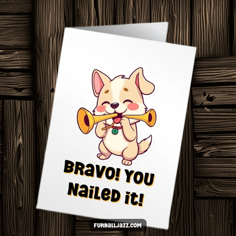 Funny Free Printable Congratulations Card: A joyful dog plays a trumpet with full cheeks, celebrating a wonderful achievement.