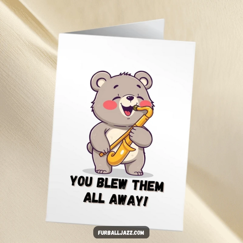 Funny Free Printable Bear Saxophone Congratulations Card: A bear playing jazz sax, celebrating a win with bluesy humor and musical flair.