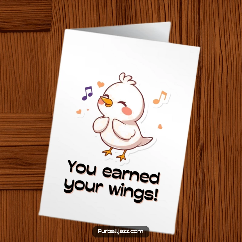Funny Free Printable Congratulations Card showing a happy bird character fluting a cheerful melody, celebrating accomplishments with music.