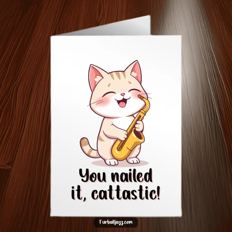 Funny Free Printable Congratulations Card: A joyful cat passionately playing a saxophone, celebrating a win in style