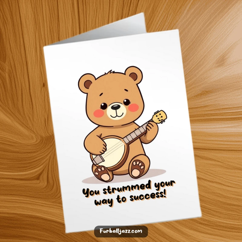 Funny Free Printable Congratulations Card: A happy bear strums a tiny banjo, celebrating an achievement with joy.