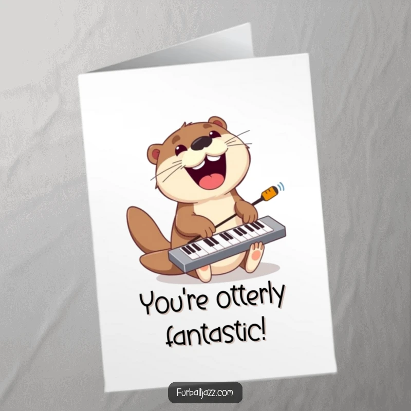 Funny Free Printable Congrats Card: A playful otter grins widely while jamming on a keyboard, celebrating success with energetic musical vibes.