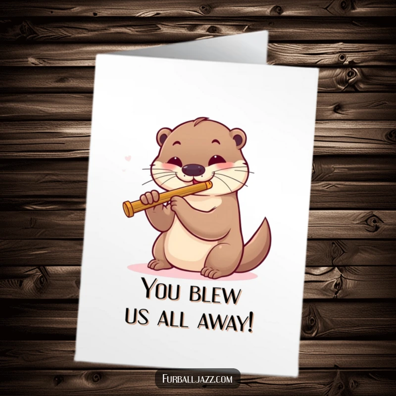 Funny Free Printable Congratulations Card showing a playful otter mastering a smooth jazz flute, celebrating a win.