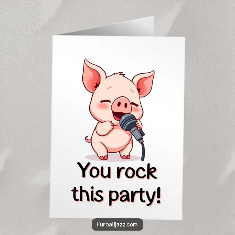 Funny Free Printable Congratulations Card: A piglet microphone champion celebrates success with a powerful, joyful song.