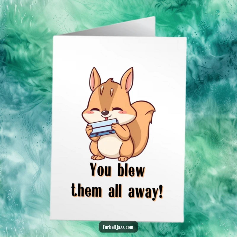 Funny Free Printable Congrats Card: A happy squirrel shows intense concentration playing a tiny harmonica, celebrating success with musical enthusiasm.