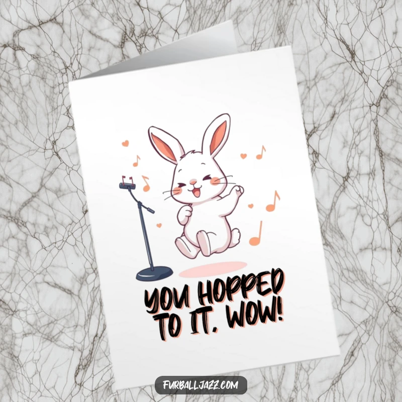 Funny Free Printable Congratulations Card: Rabbit tapping foot to jazz beat, celebrating success, a downloadable gift.