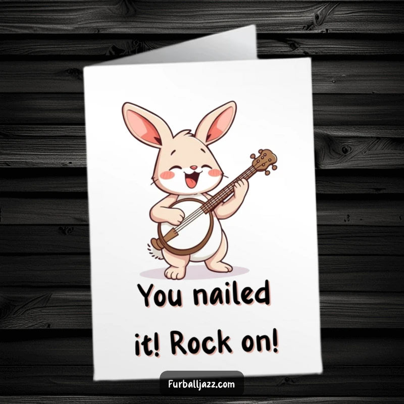 Funny Free Printable Congratulations Card: Happy rabbit strumming a banjo with a bounce, conveying enthusiastic congratulations. A musical downloadable.