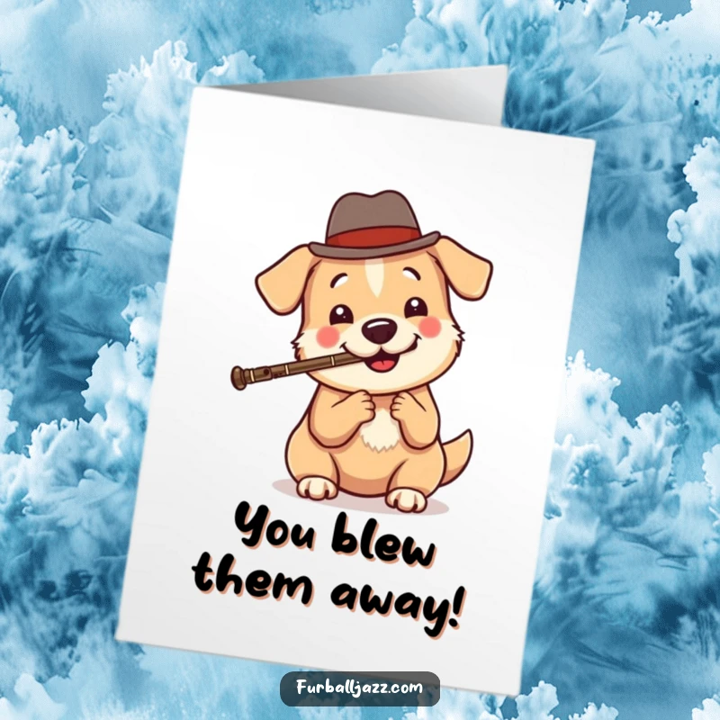 Funny Free Printable Congrats Card: Happy dog in a fedora plays clarinet, celebrating your win with jazz, download.