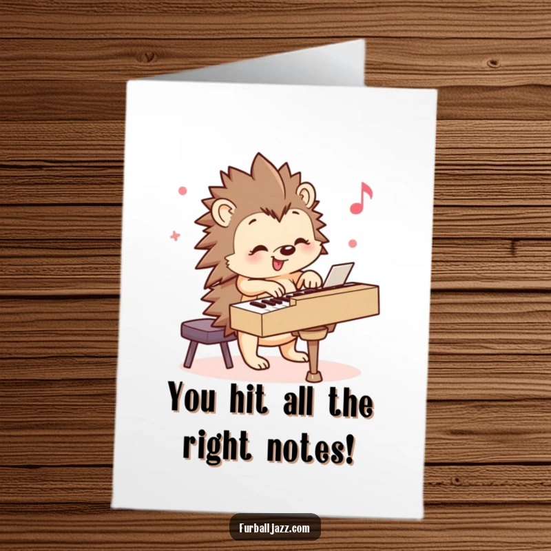 Funny Free Printable Congratulations Card: Smiling hedgehog energetically playing piano, celebrating an accomplishment with cheerful music.