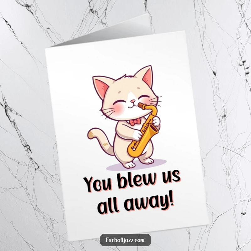 Funny Free Printable Congratulations Card featuring a cute cat enthusiastically playing a saxophone, looking cool and accomplished.