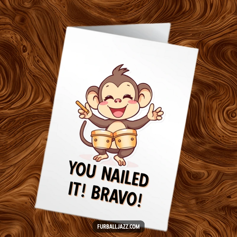 Funny Free Printable Congratulations Card: Monkey triumphantly hitting cymbals, celebrating success with a loud and cheerful noise.