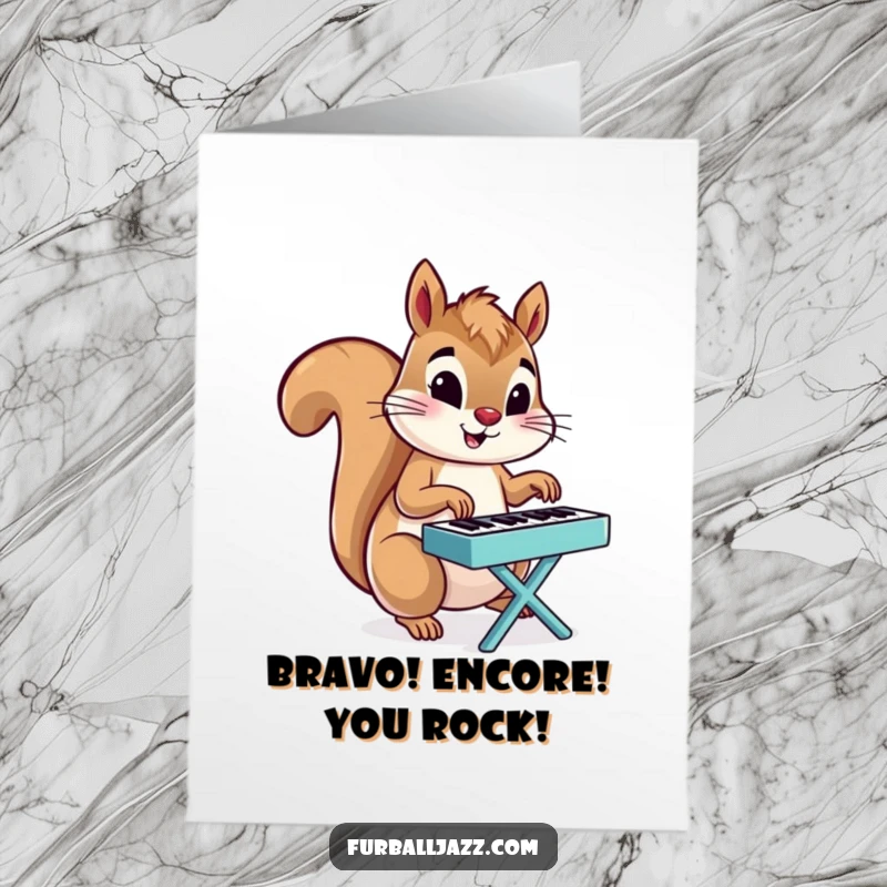 Funny Free Printable Squirrel Congratulations Card: An energetic squirrel playing a tiny piano, celebrating a success.