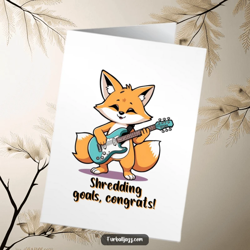 Funny Free Printable Congratulations Card: A stylish fox grooves on an electric guitar, celebrating a fantastic accomplishment.