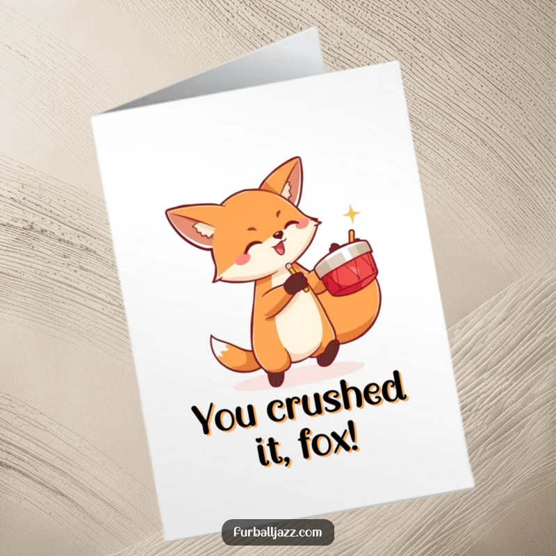 Funny Free Printable Congratulations Card: A fox energetically playing cymbals, a unique downloadable way to cheer.