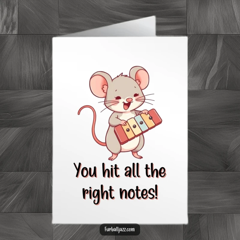 Funny Free Printable Congratulations Card with a mouse energetically striking a xylophone, celebrating achievements with zest.