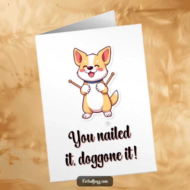 Funny Free Printable Congratulations Card: A dog energetically tapping drumsticks on its paw, a unique downloadable way to cheer.