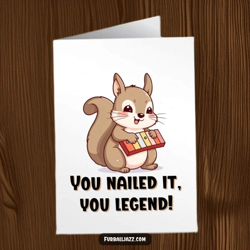 Funny Free Printable Congratulations Card: A happy squirrel plays a xylophone, celebrating achievements with a joyful musical performance.