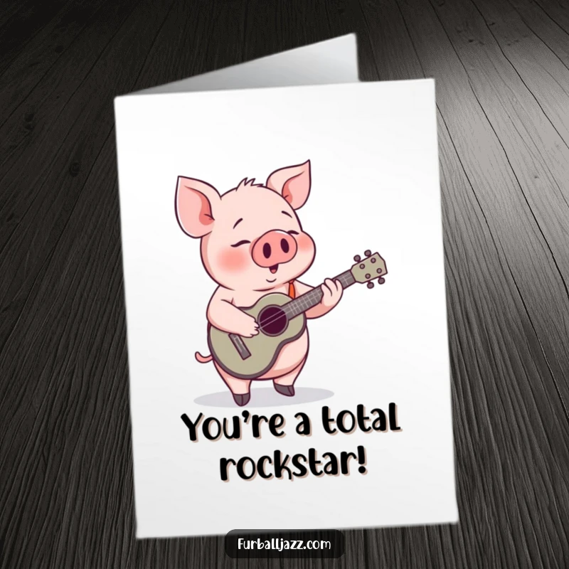 Funny Free Printable Congratulations Card: Pig happily playing a ukulele, celebrating achievements with musical joy. A downloadable tune.
