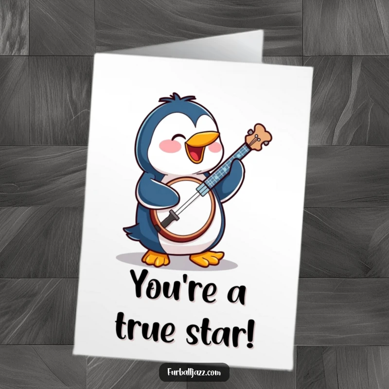 Funny Free Printable Congratulations Card: A cheerful penguin enthusiastically plays a banjo, celebrating a momentous achievement with flair.