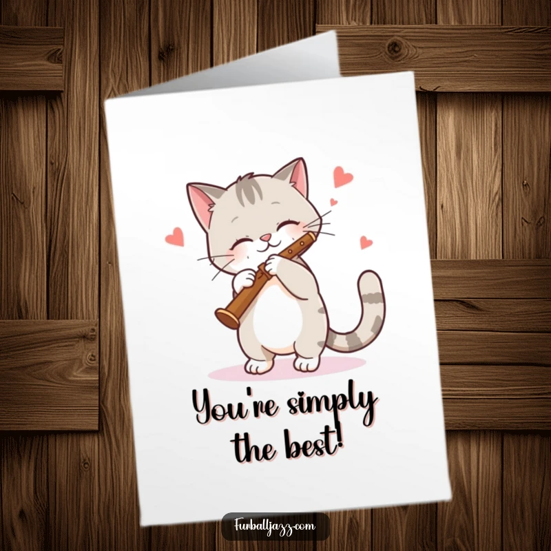 Funny Free Printable Congratulations Card: Cat confidently playing a clarinet with a rhythmic sway, embodying musical celebration.