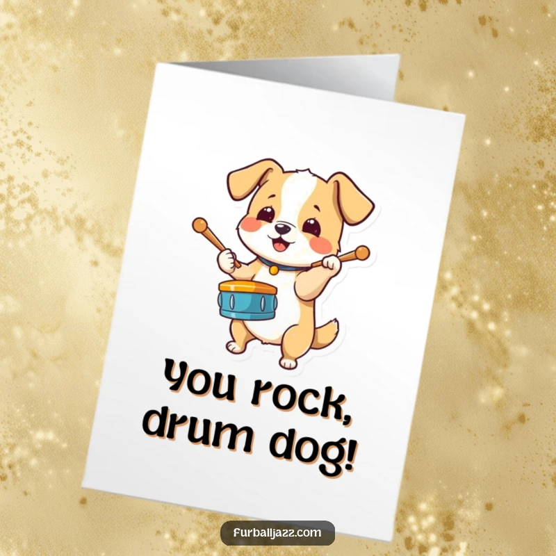 Funny Free Printable Congratulations Card: Dog energetically taps drumsticks on its paw, celebrating a big win with gusto.