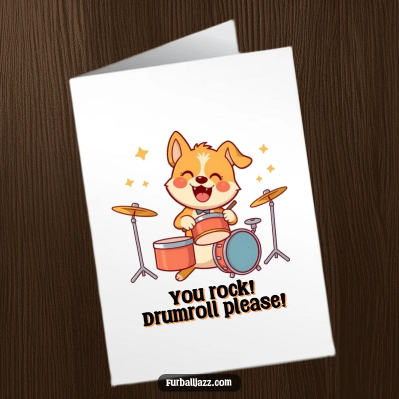 Funny Free Printable Congrats Card: Dog enthusiastically drumming, sticks blurred with speed, celebrating a major success.