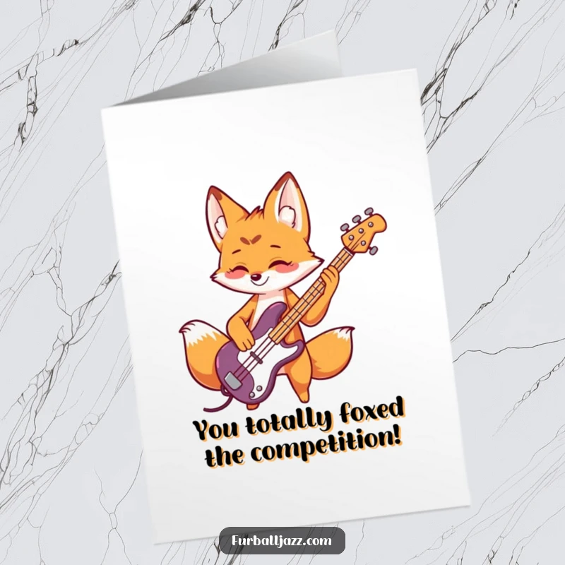 Funny Free Printable Fox Congratulations Card: Playful fox character jamming on a bass guitar, celebrating a fantastic success.