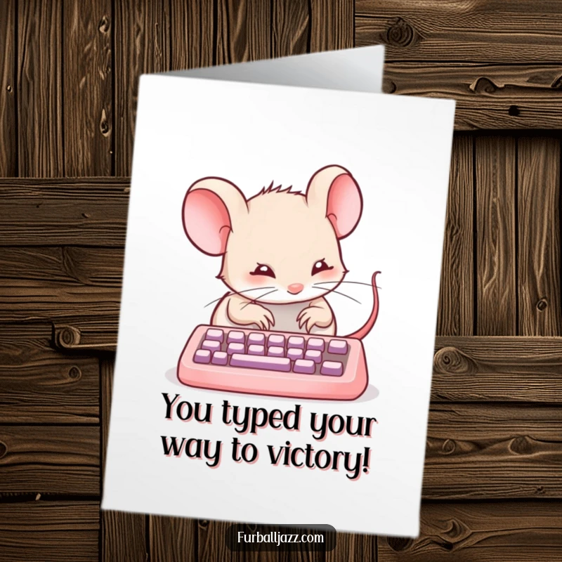 Funny Free Printable Congratulations Card: A mouse happily taps its paws on a keyboard, celebrating a successful outcome.