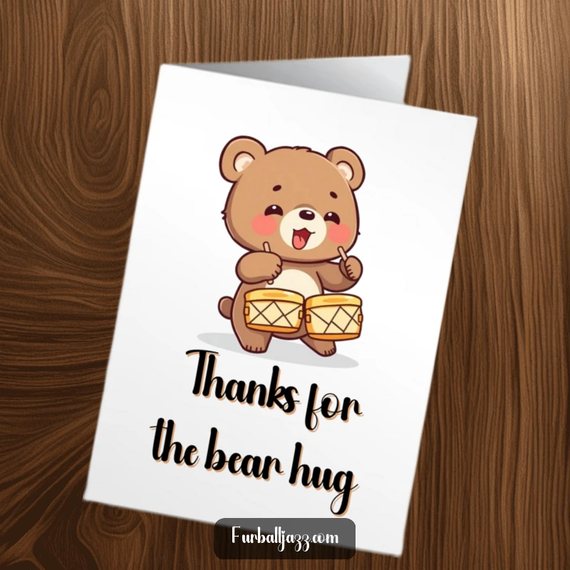 Funny Free Printable Thank You Card: A happy bear cub enthusiastically playing cymbals, sending grateful energy