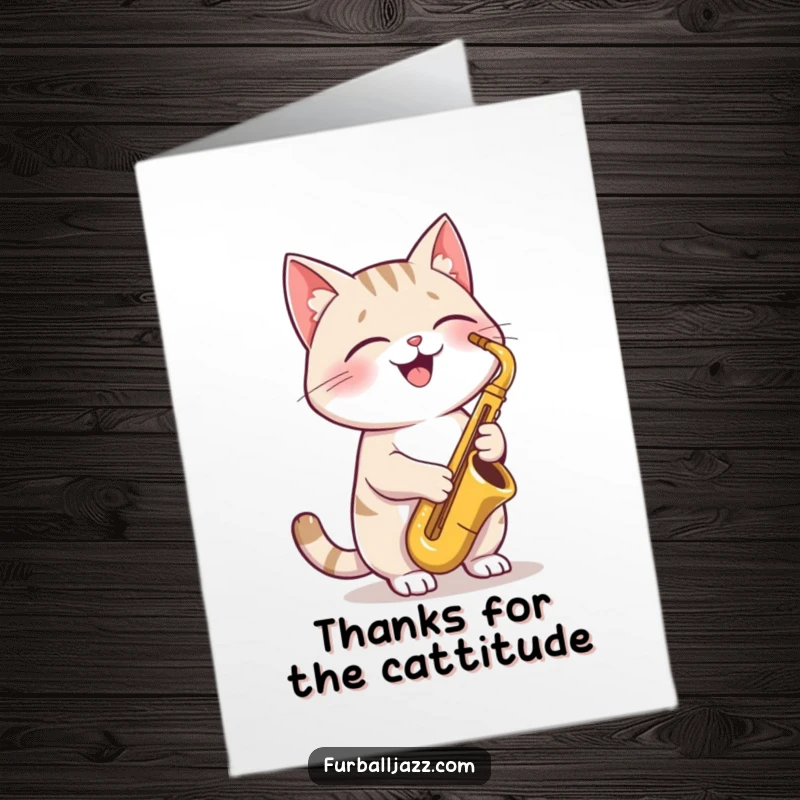Funny Free Printable Thank You Card: A joyful cat serenading with a saxophone, expressing gratitude musically