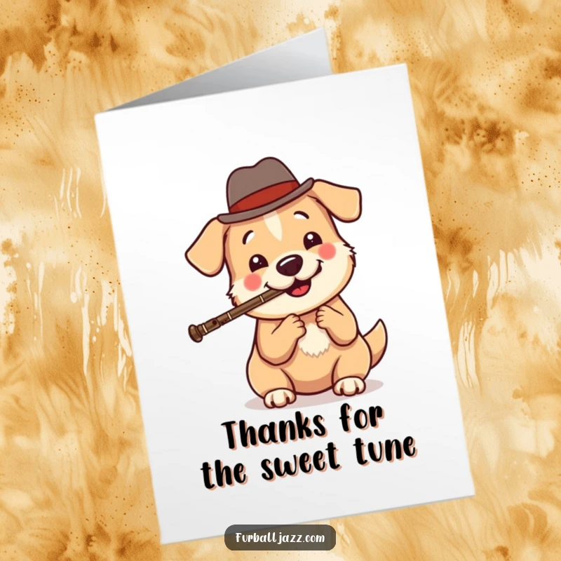 Funny Free Printable Thank You Card: Happy dog in a fedora playing clarinet, sending jazzy thanks, art print.