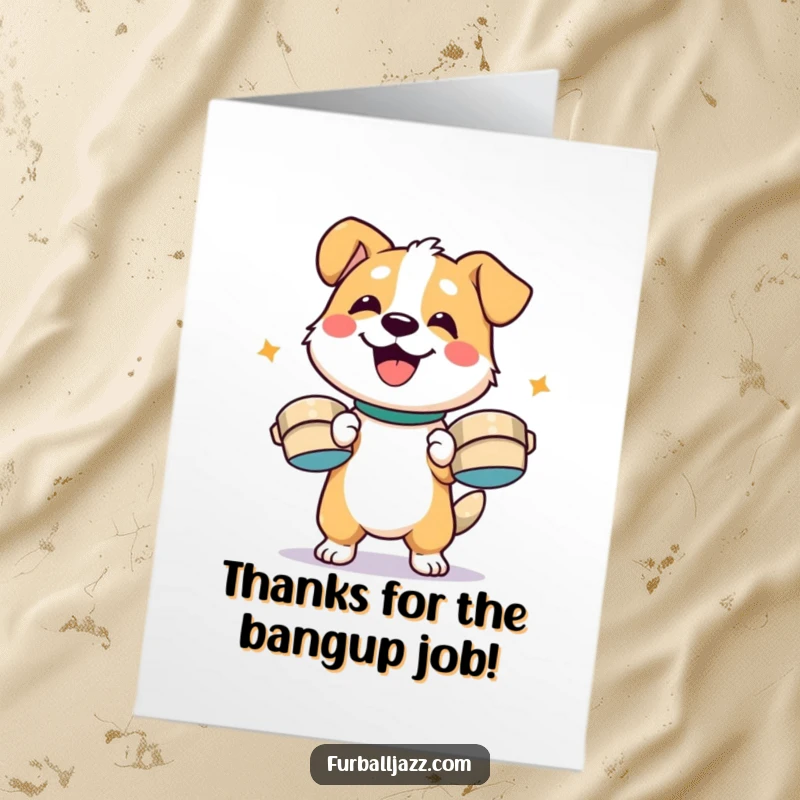 Funny Free Printable Thank You Card of a smiling dog character joyfully playing cymbals, expressing loud and happy gratitude.