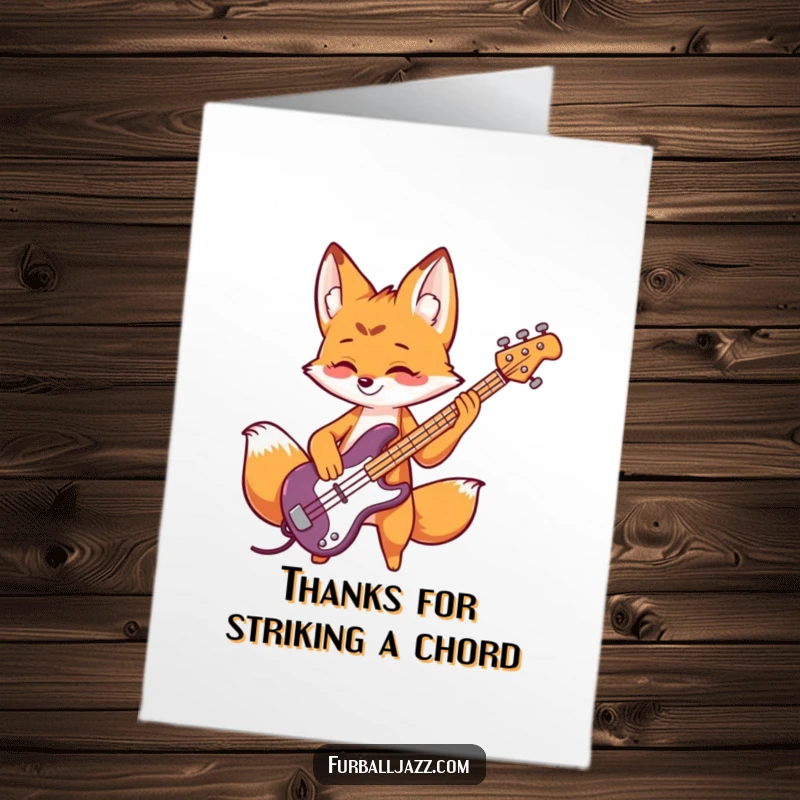 Funny Free Printable Fox Thank You Card: Playful fox character playing a bass guitar, conveying cool and groovy thanks.