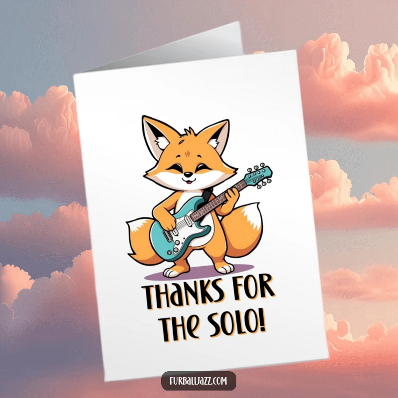 Funny Free Printable Thank You Card: A fox plays an electric guitar with a groovy vibe, offering a musical thank you.
