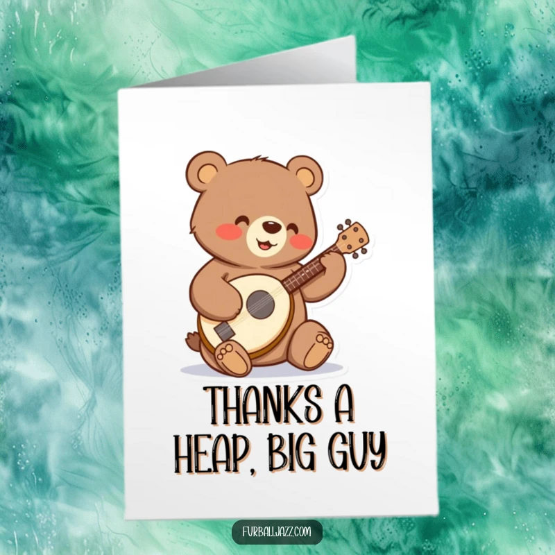 Funny Free Printable Thank You Card: A bear strumming a tiny banjo, a unique downloadable way to express thanks.