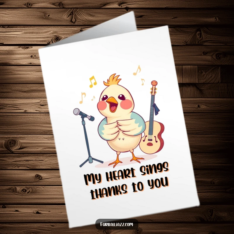 Funny Free Printable Thank You Card depicting a bird singing enthusiastically with a jazz ensemble, conveying heartfelt thanks.