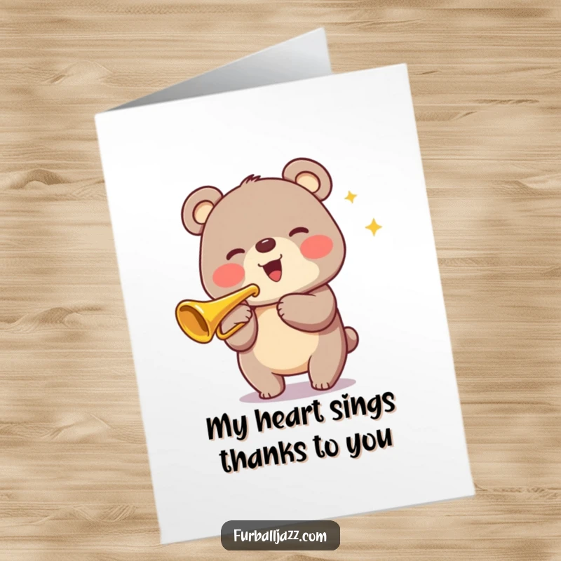 Funny free printable thank you card: A smiling bear plays a trumpet, sending musical notes of thanks in a joyful, celebratory manner.