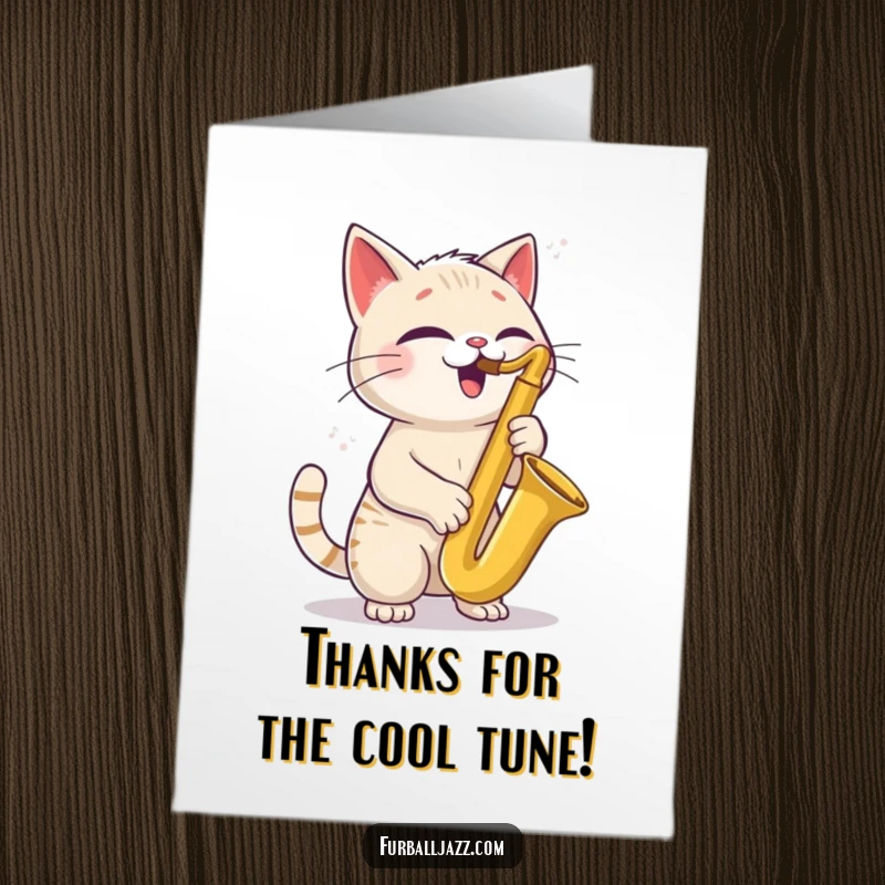 Funny Free Printable Thank You Card: A cat plays a saxophone with a happy, tilted head, sending thanks musically.