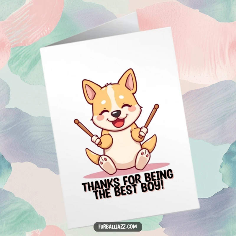 Free printable thank you card with an excited dog enthusiastically tapping drumsticks on its knees, sending thanks.
