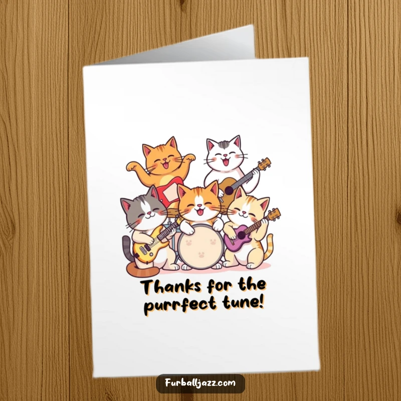 Funny Free Printable Thank You Card: A group of cats joyfully jamming together on different musical instruments.