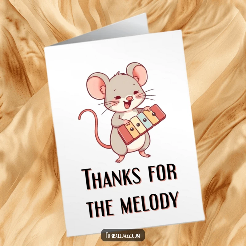 Funny Free Printable Thank You Card depicting a mouse enthusiastically playing a xylophone, conveying heartfelt appreciation musically.