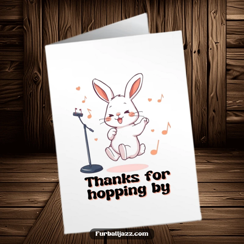 Funny Free Printable Thank You Card: Rabbit tapping foot to jazz, expressing thanks rhythmically, a downloadable gift.