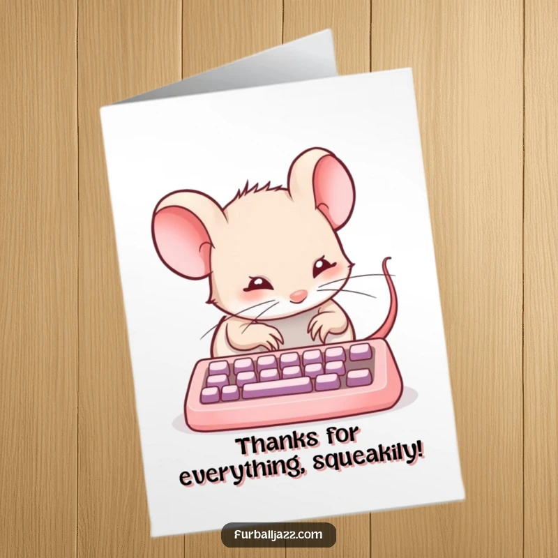 Funny Free Printable Thank You Card: A mouse happily types on a small keyboard, sending its thanks digitally.